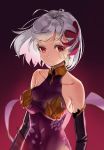  1girl absurdres bangs bare_shoulders breasts collarbone commentary_request detached_sleeves dress earrings eyebrows_visible_through_hair fate/grand_order fate_(series) hair_between_eyes hair_ribbon highres jewelry kama_(fate/grand_order) kian looking_at_viewer medium_breasts purple_dress purple_sleeves red_eyes red_ribbon ribbon short_hair silver_hair solo upper_body 