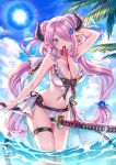 1girl arm_up bangs between_thighs bikini blue_eyes blue_sky blush braid breasts butterfly_earrings cleavage clouds collarbone day double_bun draph granblue_fantasy hair_ornament hair_over_one_eye highres horns jewelry katana large_breasts lavender_hair lens_flare long_hair looking_at_viewer mouth_hold narmaya_(granblue_fantasy) navel outdoors palm_tree pointy_ears side-tie_bikini single_earring sky smile solo standing stomach swimsuit sword thigh_strap tree unsheathed very_long_hair water weapon zoff_(daria) 
