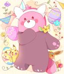  3others bear bewear blue_flower blush_stickers brown_background commentary creatures_(company) easter easter_egg eevee egg english_commentary evolution_(specie) flower game_freak gen_1_pokemon gen_7_pokemon green_flower mouse nintendo no_humans pennant pikachu pokemon pokemon_(creature) pokemon_let&#039;s_go pokemon_rgby pokemon_sm purple_flower standing string_of_flags striped striped_background tsukiyo_(skymint) vertical-striped_background vertical_stripes yellow_flower 