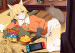  1girl afterimage alternate_legwear animal_ear_fluff animal_ears bag bow bowl bowtie breast_pocket chips coat commentary_request controller eating extra_ears eyebrows_visible_through_hair ezo_red_fox_(kemono_friends) food food_in_mouth fox_ears fox_tail fur_trim game_console gloves gradient_hair gradient_legwear kawayoshi kemono_friends long_hair long_sleeves lying multicolored multicolored_clothes multicolored_hair multicolored_legwear necktie nintendo_switch on_side orange_coat orange_eyes orange_hair orange_legwear orange_neckwear pillow plastic_bag pleated_skirt pocket remote_control skirt solo tail tail_wagging thigh-highs white_hair white_legwear white_neckwear zettai_ryouiki 