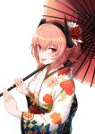  1girl :p absurdres alternate_hairstyle bangs commentary_request eyebrows_visible_through_hair eyes_visible_through_hair floral_print flower girls_frontline greem_bang hair_bun hair_flower hair_ornament hair_up highres huge_filesize japanese_clothes kimono m4_sopmod_ii_(girls_frontline) oriental_umbrella pink_hair red_eyes sidelocks smile solo tongue tongue_out umbrella upper_body white_background wide_sleeves 