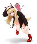  1girl absurdres animal_ears animalization bare_legs black_jacket blonde_hair blue_eyes cat commentary_request dog_ears dog_tail fangs full_body hat highres hood hood_down hoodie jacket kmnz long_hair long_sleeves lunch_boxer mc_lita mc_liz open_clothes open_jacket sweat tail virtual_youtuber 