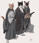  animal animal_ears black_cat cat cat_ears hakama haori highres japanese_clothes katana kimono kokudou_juunigou looking_at_viewer original personification samurai scarf sheath sheathed simple_background stance sword tabi translation_request weapon whiskers 