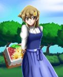  1girl apple arms_behind_back bag blonde_hair blush cute dancing farm flower food long_hair shining sincity2100 smile sun sunflower tenjouin_asuka white_dress yellow_eyes yu-gi-oh! yugioh_gx yuu-gi-ou yuu-gi-ou_gx 