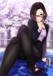  1girl alcohol beer belt blazer blush brown_eyes brown_hair business_suit cherry_blossoms commentary_request feet formal glasses grin hand_on_own_chin highres jacket kagematsuri legs_crossed looking_at_viewer mat mole mole_under_mouth no_shoes office_lady open_blazer open_clothes open_jacket original outdoors pantyhose pencil_skirt purple_shirt shirt short_hair sitting skirt smile solo suit toes tree 