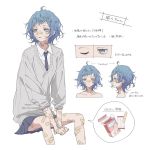  1girl ahoge bandaid bandaid_on_arm bandaid_on_face bandaid_on_hand bandaid_on_knee bandaid_on_leg bandaid_on_nose blue_hair blue_nails collared_shirt commentary_request grey_eyes highres light_oooo looking_away messy_hair multiple_views nail_polish necktie original pleated_skirt shindan_maker shirt short_hair sitting skirt sleeves_pushed_up solo sweater too_many too_many_bandaids translated 