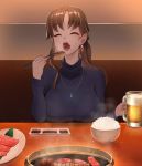  1girl bangs black_shirt bowl breasts brown_hair chopsticks closed_eyes earrings eating eyebrows_visible_through_hair food food_on_face grill highres jewelry large_breasts long_hair long_sleeves meat necklace open_mouth original pink_earrings plate rice shichirin shirofugu shirt solo upper_body yakiniku 