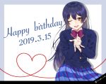  1girl 46ren bangs birthday blue_hair bow bowtie character_name commentary_request cowboy_shot dated english_text eyebrows_visible_through_hair hair_between_eyes happy_birthday heart highres long_hair long_sleeves looking_at_viewer love_live! love_live!_school_idol_project one_eye_closed otonokizaka_school_uniform pleated_skirt red_neckwear school_uniform simple_background skirt smile sonoda_umi striped striped_neckwear tongue tongue_out yellow_eyes 