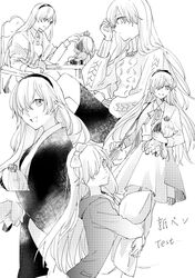  1girl alternate_costume anastasia_(fate/grand_order) bag bow chair doll dress fate/grand_order fate_(series) greyscale hair_over_one_eye hairband handbag jewelry long_hair monochrome necklace pillow sitting smile sweater tsengyun white_background 