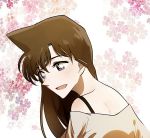  1girl :d brown_eyes brown_hair earrings from_side grey_shirt highres jewelry long_hair meitantei_conan mouri_ran off-shoulder_shirt off_shoulder open_mouth pixiv31848732 portrait shirt smile solo white_background 