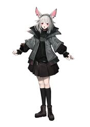  1girl absurdres animal_ears black_legwear blush boots full_body heibaise_jiangshi highres jacket kneehighs looking_at_viewer medium_hair open_mouth original red_eyes silver_hair solo white_background 