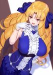  1girl blonde_hair blue_dress blue_ribbon breasts brown_eyes dress drill_hair fate/hollow_ataraxia fate_(series) gloves hair_ribbon highres large_breasts long_hair luviagelita_edelfelt ninoude_(ninoude44) open_mouth ribbon ringlets sleeveless sleeveless_dress solo white_gloves 