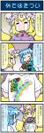  4koma artist_self-insert blonde_hair blue_eyes blue_hair closed_eyes comic commentary_request crying fox_tail gradient gradient_background hands_in_opposite_sleeves hat highres holding holding_umbrella juliet_sleeves long_hair long_sleeves mizuki_hitoshi multiple_tails open_mouth puffy_sleeves rainbow shirt short_hair smile streaming_tears sweatdrop t-shirt tail tatara_kogasa tears touhou translation_request umbrella vest wide_sleeves yakumo_ran yellow_eyes 