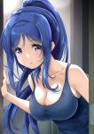  1girl bare_shoulders blue_hair blue_tank_top breasts cleavage collarbone commentary_request doorway erect_nipples frapowa high_ponytail indoors large_breasts leaning_forward long_hair love_live! love_live!_sunshine!! matsuura_kanan open_mouth ponytail sidelocks violet_eyes 