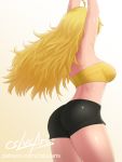 1girl arms_up artist_name ass back bare_shoulders bike_shorts black_shorts blonde_hair breasts cowboy_shot cslucaris facing_away from_behind gradient gradient_background large_breasts long_hair patreon_username pink_background rwby shorts signature solo strapless thighs tubetop watermark web_address yang_xiao_long 