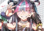  1girl asymmetrical_sleeves black_hair black_shirt blue_hair bracelet choker collar dangan_ronpa detached_sleeves fishnet_sleeves glasses highres horns jewelry long_hair looking_at_viewer mioda_69ch mioda_ibuki multicolored_hair nail_polish necklace pink_eyes pink_hair portrait print_shirt purple_nails rimless_eyewear round_eyewear shiny shiny_hair shirt short_sleeves silver_hair solo star star_print super_dangan_ronpa_2 torn_clothes torn_shirt torn_sleeves zipper 