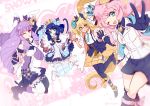  4girls ahoge alternate_costume animal_ears bangs bell blonde_hair bloomers blue_eyes blue_hair blunt_bangs boots bunny_girl bunny_tail capelet cat_ears cat_girl cat_tail chuchu_(show_by_rock!!) crown cyan_(show_by_rock!!) dark_skin detached_sleeves dog_tail drill_hair fangs glasses hair_ornament hand_holding heart high_heel_boots high_heels horns instrument jingle_bell jumping knee_boots long_hair looking_at_viewer moa_(show_by_rock!!) multiple_girls necktie one_eye_closed open_mouth pink_hair purple_hair rabbit_ears red_eyes retoree retpa ribbon sheep_girl sheep_horns shorts show_by_rock!! smile sparkle star striped striped_legwear tail thigh-highs thigh_boots twintails underwear v very_long_hair yellow_eyes 