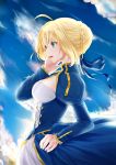  1girl ahoge artoria_pendragon_(all) ayame_chiyo blonde_hair blue_sky braided_bun breasts cleavage clouds day eyebrows_visible_through_hair fate/stay_night fate_(series) from_side green_eyes hair_between_eyes hand_in_hair highres long_sleeves medium_breasts open_mouth outdoors profile saber shiny shiny_hair short_hair shrug_(clothing) sidelocks sky solo standing 