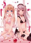  2girls angel_wings apple bare_shoulders black_bra black_choker black_legwear black_panties black_wings blonde_hair blue_eyes blush bra breasts brown_hair choker cleavage closed_mouth collarbone commentary_request demon_girl demon_wings feathered_wings food fruit heart long_hair low_wings maid_headdress medium_breasts multiple_girls navel original panties parted_lips petals red_apple red_eyes sakura_hiyori side-tie_panties sitting small_breasts smile thigh-highs twintails underwear very_long_hair white_bra white_choker white_legwear white_panties white_wings wings wrist_cuffs 