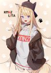  :d abae animal_ears animal_hat baseball_cap black_jacket blonde_hair blue_eyes character_name dog_ears dog_tail fang hand_in_pocket hat hood hood_down hoodie jacket kmnz long_hair mc_lita open_clothes open_jacket open_mouth oversized_clothes paw_background simple_background smile tail virtual_youtuber 