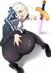  1girl all_fours artoria_pendragon_(all) ass bike_shorts black_footwear black_jacket black_legwear blonde_hair blue_bow bow braided_bun excalibur fate/grand_order fate_(series) from_above from_behind glasses hair_bow highres jacket kawaruhi looking_at_viewer mysterious_heroine_x_(alter) shiny shiny_clothes shoes short_hair simple_background skin_tight solo thigh-highs white_background yellow_eyes 