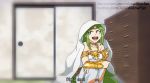  1girl abswillowfan blanket boku_no_hero_academia chest_of_drawers dress green_hair jewelry kid_icarus looking_back necklace nintendo open_mouth palutena parody smile solo squatting white_dress 
