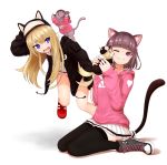  2girls animal_ears animal_hat animalization bare_legs black_jacket blonde_hair blue_eyes brown_hair cat cat_ears cat_tail dog dog_tail fangs full_body hat highres hood hood_down hoodie jacket kmnz long_hair long_sleeves lunch_boxer mc_lita mc_liz miniskirt multiple_girls open_clothes open_jacket pink_eyes pink_hoodie pleated_skirt shoes short_hair sitting skirt sweat tail thigh-highs wariza zettai_ryouiki 