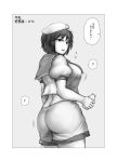  1girl ? anchor_symbol ass bottle bouncing_breasts breasts crop_top eyebrows_visible_through_hair from_behind greyscale hat large_breasts looking_at_viewer looking_back milk_bottle monochrome murasa_minamitsu open_mouth puffy_short_sleeves puffy_sleeves short_hair short_sleeves shorts solo standing touhou translation_request yuugatou_(yuuzutu) 