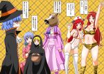  6+girls :d alternate_costume animal_print arm_up armpits bandeau bangs bare_arms bare_shoulders basket bikini black_bow black_cloak black_headwear blonde_hair blouse blue_bow blue_eyes blue_hair bow braid breasts center_frills cleavage clenched_hand cloak collarbone commentary_request cowboy_shot cravat demon_wings detached_sleeves dress eyebrows_visible_through_hair facial_mark fake_horns feet_out_of_frame flandre_scarlet from_side green_bow groin hair_bow halloween hand_up hands_on_another&#039;s_shoulders hat head_wings high_collar holding holding_basket hong_meiling horse_mask izayoi_sakuya kneehighs koakuma large_breasts leotard long_hair long_sleeves looking_at_another looking_at_viewer multiple_girls navel neck_ribbon nurse_cap one_eye_closed oni_horns open_mouth outline patchouli_knowledge plaid plaid_background profile purple_capelet purple_dress purple_footwear purple_hair red_blouse red_bow red_cross red_eyes redhead remilia_scarlet ribbon shiraue_yuu shoes sideboob sidelocks silver_hair smile speech_bubble squatting standing stomach sweat swimsuit thigh-highs thighs tiger_print touhou translation_request twin_braids very_long_hair white_legwear white_leotard white_neckwear white_outline white_ribbon wide_sleeves wings witch_hat yellow_background yellow_bikini yellow_legwear 