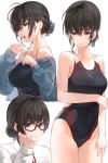  1girl :o ahoge bangs bare_shoulders black-framed_eyewear black_hair black_ribbon black_swimsuit blue_jacket blush breasts closed_mouth collarbone collared_shirt commentary_request competition_swimsuit covered_navel cowboy_shot expressionless eyebrows_visible_through_hair glasses hair_bun hair_ribbon hand_on_own_cheek highres jacket kfr long_sleeves looking_at_viewer looking_away looking_down medium_breasts multiple_views off_shoulder one-piece_swimsuit open_clothes open_jacket open_mouth original ribbon shirt simple_background skin_tight sleeves_past_wrists swimsuit violet_eyes water white_background white_shirt 