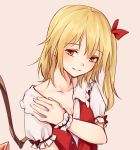  1girl bangs beige_background blonde_hair blush breasts cleavage collarbone commentary_request crystal eyebrows_visible_through_hair flandre_scarlet frilled_shirt_collar frills hair_between_eyes hair_ribbon long_hair looking_at_viewer miyo_(ranthath) no_hat no_headwear one_side_up puffy_short_sleeves puffy_sleeves red_eyes red_ribbon red_vest ribbon shirt short_sleeves simple_background small_breasts smile solo touhou upper_body vest white_shirt wings wrist_cuffs 