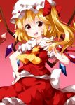 1girl :d ascot bangs blonde_hair bow eyebrows_visible_through_hair flandre_scarlet frilled_skirt frills gradient gradient_background hair_between_eyes hair_bow hand_on_hip hat highres long_hair looking_at_viewer mob_cap open_mouth puffy_short_sleeves puffy_sleeves red_background red_bow red_eyes red_skirt round_teeth ruu_(tksymkw) short_sleeves side_ponytail simple_background skirt skirt_set smile solo teeth touhou upper_teeth wings yellow_neckwear 