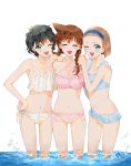  3girls :d ;d alternate_hairstyle arch_lapin bikini black_hair blue_bikini blue_eyes blue_hairband blush breasts closed_eyes commentary_request eyebrows_visible_through_hair frilled_bikini frills green_eyes hair_pulled_back hair_ribbon hair_up hairband hand_on_another&#039;s_shoulder hand_on_hip hands_together head_tilt highres interlocked_fingers leaning_forward light_brown_hair long_hair looking_at_viewer medium_breasts meitantei_conan mouri_ran multiple_girls navel one_eye_closed open_mouth pink_bikini red_ribbon ribbon sera_masumi short_hair side-tie_bikini simple_background smile sparkle splashing standing suzuki_sonoko swimsuit thighs twintails wading water wet white_background white_bikini 