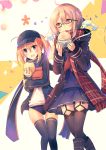  2girls :d ahoge artoria_pendragon_(all) bag baozi baseball_cap black-framed_eyewear black_eyes black_legwear blonde_hair blue_buruma blue_scarf blue_skirt buruma commentary_request cowboy_shot dual_persona fate/grand_order fate_(series) food garter_straps glasses gym_uniform hat holding holding_food hood hoodie jacket kirero long_hair long_sleeves multiple_girls mysterious_heroine_x mysterious_heroine_x_(alter) open_clothes open_hoodie open_mouth open_track_jacket orange_eyes paper_bag plaid plaid_scarf ponytail scarf shirt skirt smile teeth thigh-highs track_jacket v-shaped_eyebrows 