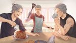  3boys anger_vein apron artist_name breakfast commentary cup curtains dante_(devil_may_cry) devil_may_cry devil_may_cry_5 drinking facial_hair food fruit highres honey mug multiple_boys nero_(devil_may_cry) newspaper nikkipettt orange pancake prosthesis prosthetic_arm short_ponytail spatula stubble vergil watermark 