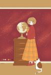  1girl blush book brown_hair cat drawer eyebrows_visible_through_hair flat_color glasses globe highres holding holding_book limited_palette long_skirt long_sleeves looking_at_viewer no_nose original plaid plaid_skirt red_footwear red_sweater short_hair skirt solo standing sweater twitter_username yonoko_k 