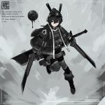  1girl black_footwear black_gloves black_hair black_jacket blue_eyes buckle closed_mouth concept_art dripping dual_wielding floating gloves hair_between_eyes headgear highres holding holding_sword holding_weapon jacket jiang1274 original scabbard sheath short_hair signature solo sword turtleneck twitter_username weapon 