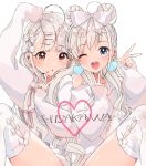  2girls :d :o absurdres ahoge bangs blue_eyes blush bow bow_legwear braid brown_eyes character_name commentary double_bun double_v earrings fumita_(humita322) hair_bow hair_down hair_ornament hair_ribbon hairclip heart heart_earrings highres hisakawa_hayate hisakawa_nagi idolmaster idolmaster_cinderella_girls jewelry long_hair long_sleeves looking_at_viewer multiple_girls one_eye_closed open_mouth pink_ribbon ribbon ringlets shirt shoulder_cutout siblings silver_hair simple_background sisters sitting sleeves_past_wrists smile thigh-highs twins upper_teeth v white_background white_bow white_legwear white_shirt 