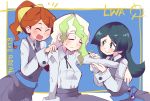  3girls barbara_parker black_hair black_skirt black_vest blush breasts brown_hair closed_eyes collared_shirt diana_cavendish eyebrows_visible_through_hair green_hair hands_on_another&#039;s_shoulders hanna_england hys-d light_green_hair little_witch_academia long_hair long_sleeves luna_nova_school_uniform massage multicolored_hair multiple_girls open_mouth ponytail school_uniform shirt shirt_tucked_in skirt smile two-tone_hair vest white_shirt witch 