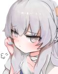  1girl :t arm_support bandaged_neck bangs blue_nails blush closed_mouth collarbone commentary_request dokomon eyebrows_visible_through_hair fingernails girls_frontline grey_eyes grey_hair hair_between_eyes hand_up highres korean_commentary long_hair looking_at_viewer nail_polish pout ribeyrolles_1918_(girls_frontline) shirt short_sleeves sigh simple_background sketch solo upper_body white_background white_shirt 