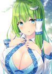  1girl :o absurdres aqua_eyes bare_shoulders blue_bra blush bra breasts cleavage collarbone commentary_request detached_sleeves frilled_bra frills frog_hair_ornament green_hair hair_ornament hair_tubes hands_on_own_chest hands_up highres japanese_clothes kochiya_sanae large_breasts liya long_hair looking_at_viewer open_clothes open_shirt parted_lips snake_hair_ornament solo touhou underwear upper_body wing_collar 