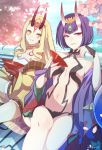  2girls black_hair blonde_hair breasts brown_hair commentary cup english_commentary fate/grand_order fate_(series) horns ibaraki_douji_(fate/grand_order) japanese_clothes kimono long_hair looking_at_viewer muki_(mayuiki) multiple_girls oni sakazuki shuten_douji_(fate/grand_order) small_breasts smile violet_eyes yellow_eyes yellow_kimono 