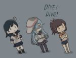  3girls ahoge arms_behind_back black_hair blue_eyes blue_hair blush_stickers brown_hair chibi comic commentary_request crossed_arms english_text flat_cap grey_background hair_between_eyes hair_ornament hair_over_one_eye hat hibiki_(kantai_collection) i-401_(kantai_collection) kantai_collection long_hair long_sleeves multiple_girls otoufu pleated_skirt ponytail remodel_(kantai_collection) school_swimsuit school_uniform serafuku shirt short_sleeves skirt sleeveless sleeveless_shirt swimsuit swimsuit_under_clothes thigh-highs translation_request ushio_(kantai_collection) verniy_(kantai_collection) 