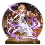  1girl :d asuna_(sao) boots braid brown_footwear brown_hair crown_braid floating_hair full_body hair_between_eyes highres holding holding_sword holding_weapon jacket long_hair long_skirt long_sleeves looking_at_viewer official_art open_mouth orange_eyes skirt smile solo sword sword_art_online transparent_background very_long_hair weapon white_jacket white_skirt 