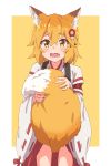  1girl absurdres animal_ear_fluff animal_ears bangs blonde_hair blush commentary_request eyebrows_visible_through_hair fang flower fox_ears fox_tail hair_between_eyes hair_flower hair_ornament highres holding_tail japanese_clothes karahai_(31448823) long_sleeves looking_at_viewer miko open_mouth ribbon-trimmed_sleeves ribbon_trim senko_(sewayaki_kitsune_no_senko-san) sewayaki_kitsune_no_senko-san simple_background solo standing tail wide_sleeves yellow_eyes 