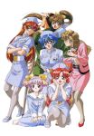  1boy 6+girls 90s barefoot blue_footwear blue_hair braid brown_eyes brown_hair business_suit choker cigarette crutch expressionless formal hat high_ponytail highres hug itou_ryoko itsuki_momoko long_hair long_sleeves looking_at_viewer makino_rie mamiya_chisato multicolored_hair multiple_girls nogawa_miho nonomura_byouin_no_hitobito nurse nurse_cap official_art open_mouth pajamas pantyhose pencil_skirt pink_eyes pink_hair red_eyes red_footwear redhead short_hair short_twintails simple_background skirt squatting standing suit twin_braids twintails two-tone_hair very_long_hair white_background yokota_mamoru 