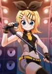  &gt;:) 1girl aqua_eyes bare_shoulders black_bow black_star_(module) blonde_hair blurry blurry_background bow depth_of_field eyebrows_visible_through_hair fingerless_gloves gloves hair_bow hair_ornament hairclip highres horyuu kagamine_rin kodoku_no_hate_(vocaloid) microphone midriff navel necktie project_diva project_diva_(series) short_hair short_necktie shorts sleeveless_blazer smile solo speaker stage stage_lights thigh-highs vocaloid yellow_neckwear zettai_ryouiki 