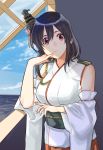  1girl black_hair breasts detached_sleeves hair_between_eyes hair_ornament jewelry kantai_collection large_breasts looking_at_viewer nontraditional_miko red_eyes ring sagamiso short_hair solo upper_body wedding_band wide_sleeves window yamashiro_(kantai_collection) 