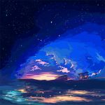  1girl beach berryverrine bicycle bus bus_stop clouds commentary_request ground_vehicle highres landscape ligne_claire motor_vehicle night night_sky original scenery sky star_(sky) starry_sky sunset telescope very_wide_shot water 