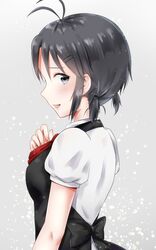  1girl antenna_hair apron black_apron black_bow black_hair bow from_side grey_background grey_eyes hair_between_eyes hair_ornament highres idolmaster idolmaster_(classic) kikuchi_makoto looking_at_viewer mogskg profile red_neckwear shirt short_hair short_sleeves short_twintails solo twintails twintails_day white_shirt 